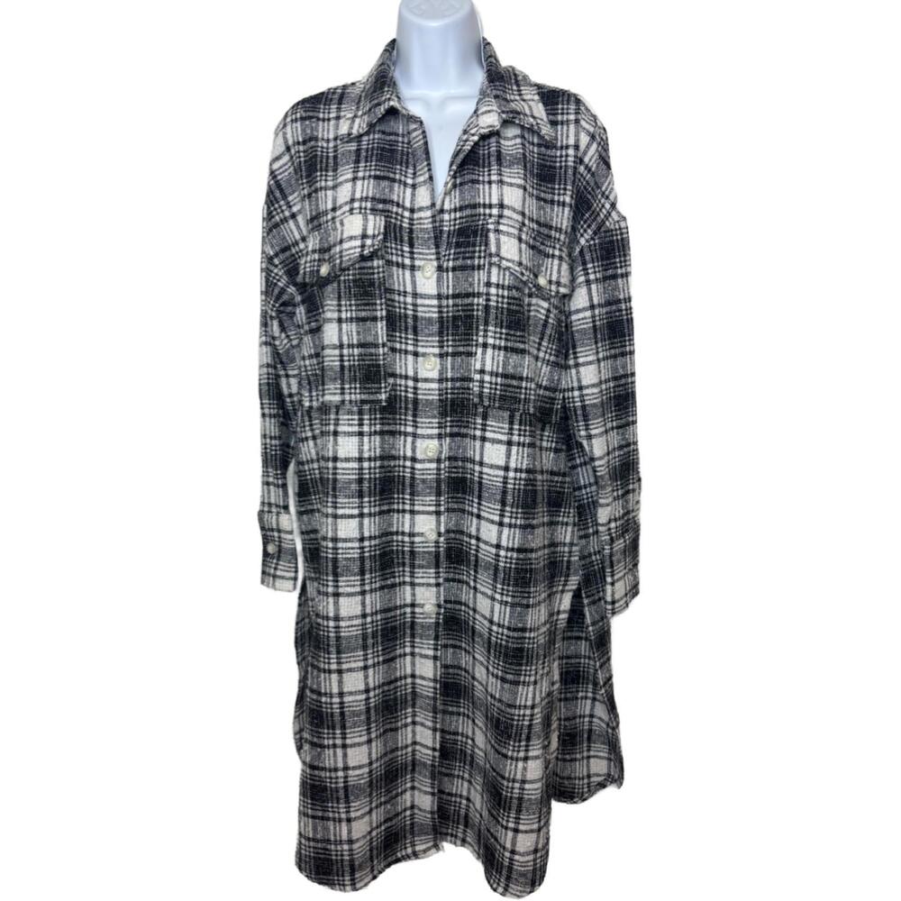 ACOA Women's Sz S Black/White Plaid Button-up Long Cardigan Duster (1952)